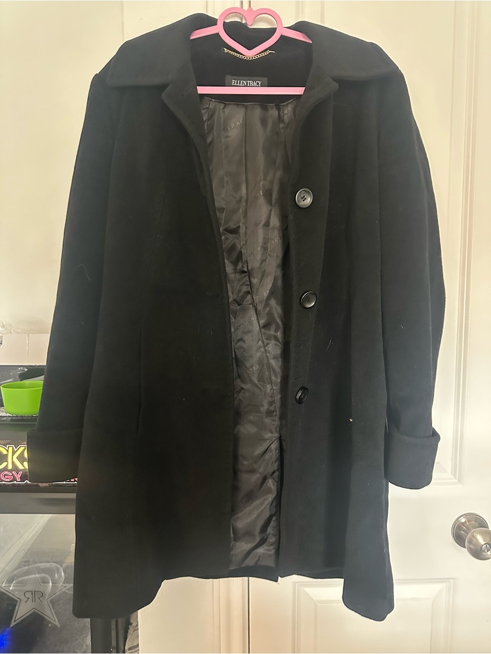 Ellen Tracy 12 Black Wool & Angora Blend Classic Winter Button Up Trench Coat